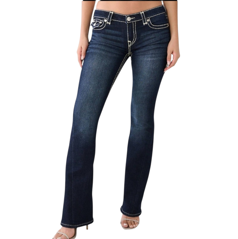 True Religion Joey Low Rise Super T Flare Jeans Dark Wash White Stitching 27‎